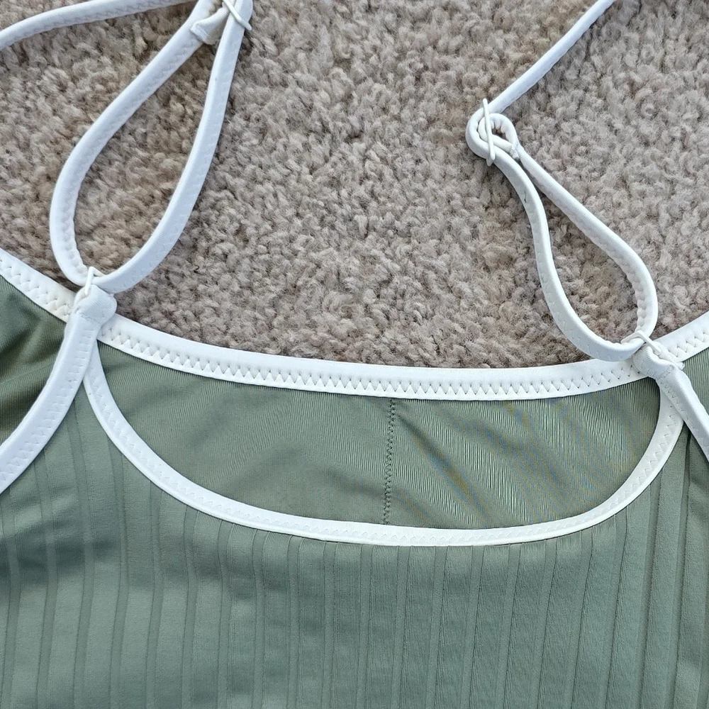 Aerie Wide Rib Scoop Longline Bikini Swim Top Olive Green Small Like New UPF 50 - Picture 3 of 10